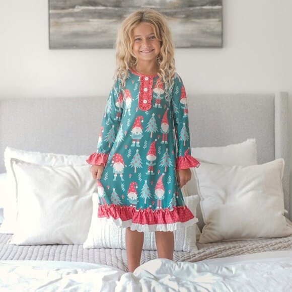 Kids Red Green Gnome Christmas Ruffle Lounge Gown Size 7/8